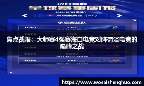 焦点战报：大师赛4强赛海口电竞对阵菏泽电竞的巅峰之战
